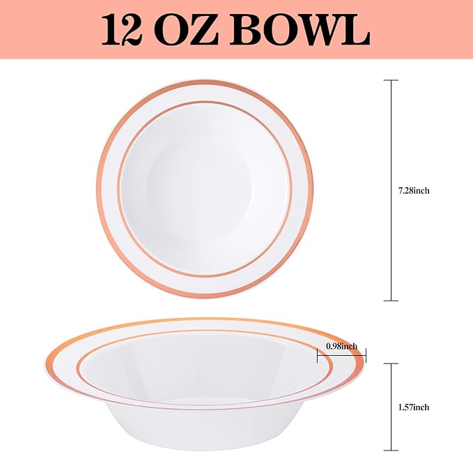50pc Deep Bowl With White ground And Double Rose Gold Edges, 12oz,Disposable Soup Bowls,Disposable Soup Dessert Salad Bowls for Wedding/Party/Catered Events/Valentine's Day