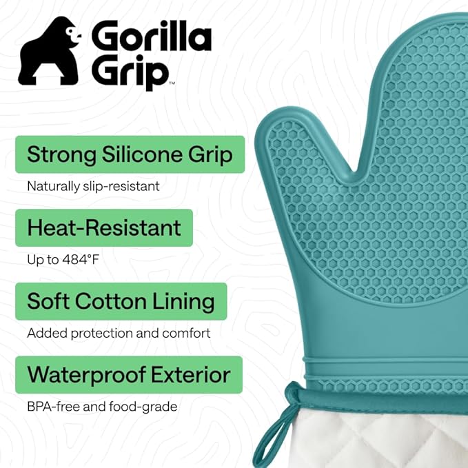 GORILLA GRIP BPA-Free Soft Silicone Oven Mitts, 14.5x8.3, Heat Resistant and Waterproof Cooking Gloves, Thick Cotton Lining, Flexible Gripping for Baking Grilling, Kitchen Potholders Set, Turquoise