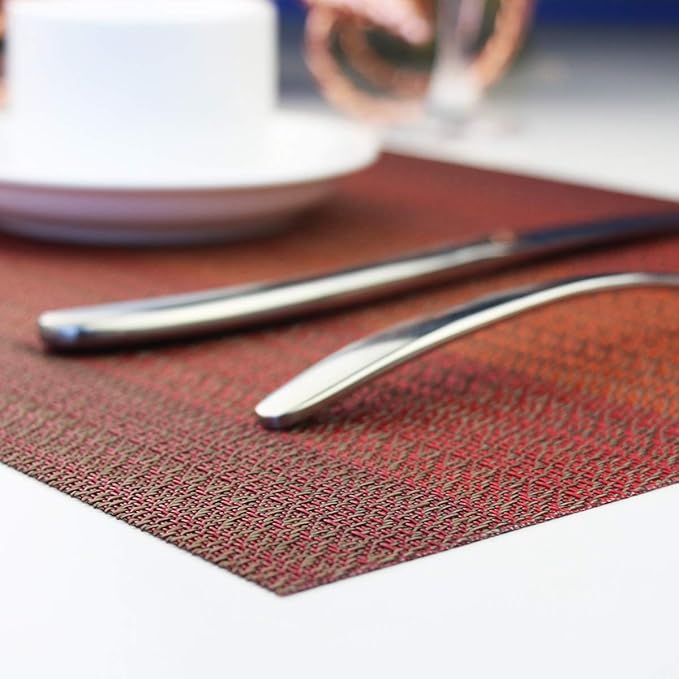 PIGCHCY Placemats Set of 6 and Table Runner,Heat Resistant Vinyl Woven Washable Table mats Sets (6 Placemats+1 Table Runner,Scarlet Red)