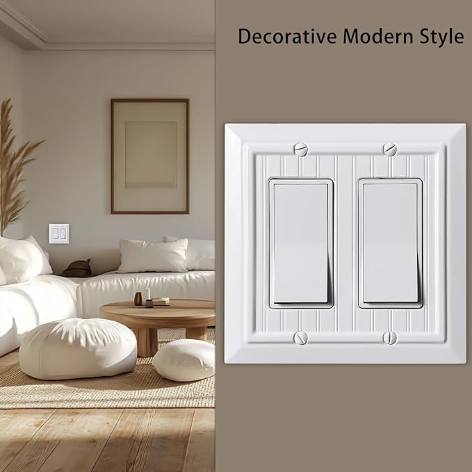Beadboard Outlet Covers Wall Plates, Bamboo Fiber Light Switch Covers, Natural Material Electric Receptacle Decorative Switch Plate Outlet Cover (Pure White, 2 Gang Decorator 2 Pack)