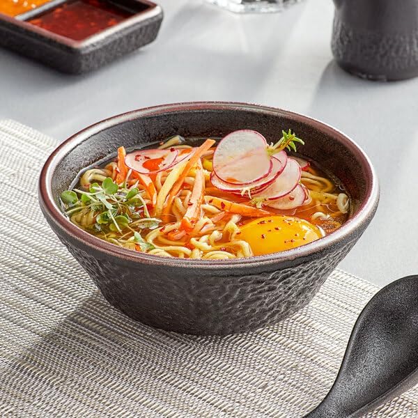 Heika Black Matte Textured Stoneware Bowl, 16 oz, Round, Banded Rim, Oven Safe, 12 per Case