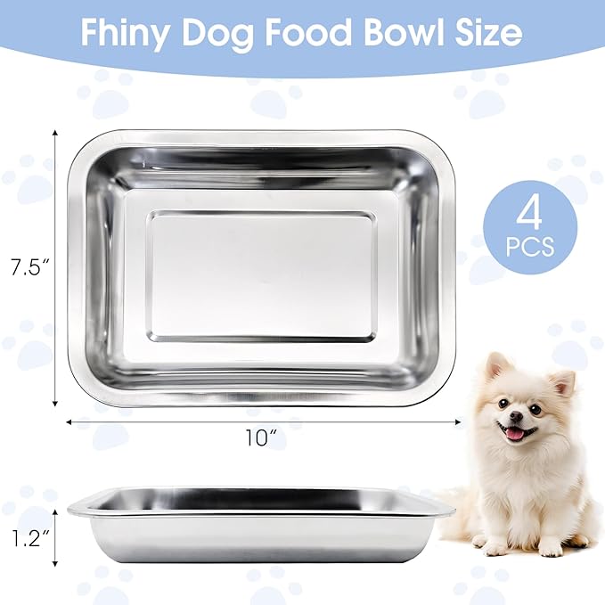 Fhiny 4 PCS Stainless Steel Dog Bowls, Metal Shallow Puppy Bowls 10"×7.5" Indoor & Outdoor Universal Dog Food Plate Whisker Fatigue Friendly Cat Dishes Easy to Clean for Puppy Kitten Doggy 1.2" H