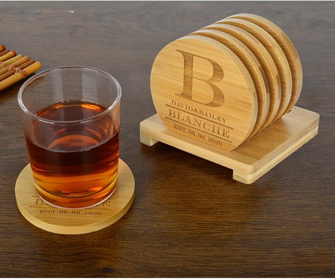 Personalized Bamboo Coasters - Custom Engraved Monogram Coasters with Holder, Great Gifts (Set of 6)