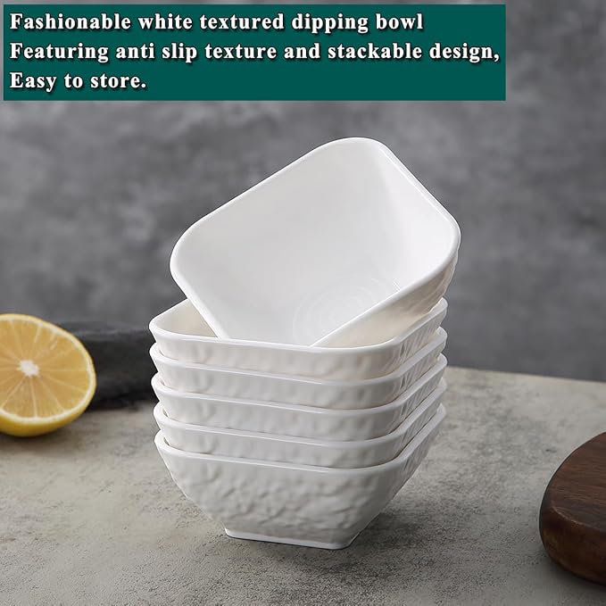 Kyraton Dip Bowls Set 6pcs 6oz, White Plastic Dipping Bowls Soy Sauce Plate for Side Dishes, Condiment Server for Tomato Sauce, Ketchup, Vinegar, BBQ and Party Dinner, Mini Appetizer Plates.