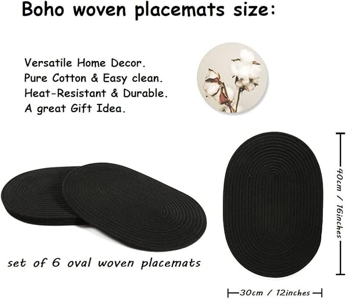 6 Pack Woven Placemats Fabric Tablemats, 12x16 inches Plate Chargers Cotton Weave Placemat Oval Braided Rattan Tablemats for Kitchen Dining Table Outdoor Party Wedding Decoration (Black)