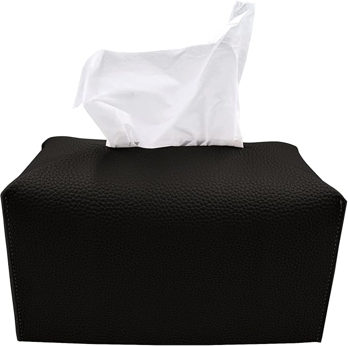 Carrotez Tissue Box Cover, [Refined] Modern PU Leather Rectangular Tissue Box Holder - Decorative Holder/Organizer for Bathroom Vanity Countertop, Night Stands, Office Desk 9.5"X5"X5" - Black