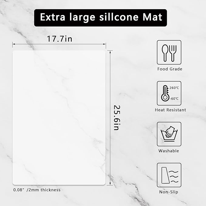 Silicone Placemats, Food-Grade Non-Slip Waterproof, Dining, Stain Resistant, Countertop Protector, Kitchen Counter Mat, Heat Resistant, Baking mat Dishwasher Safe (25.6"×17.7"-1p Thicken, Translucent)
