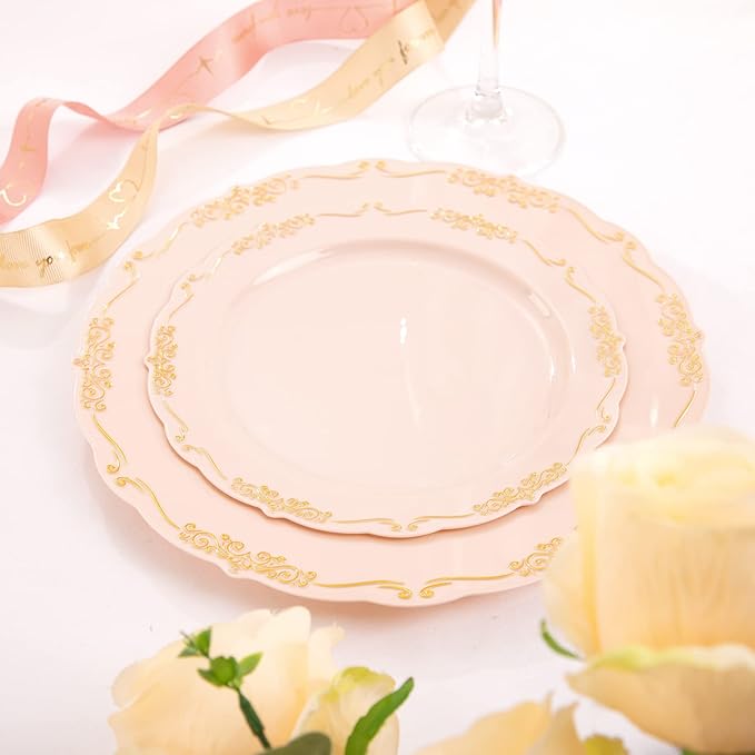DaYammi 60 PCS Pink Gold Plastic Plates, Pink Disposable Plates with Gold Rim Include: 30 Dinner Plate, 30 Dessert Plate for Party, pink plastic plates with Vintage lace for Wedding