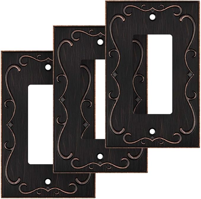 French Cabriole Decorative Wall Plate Switch Plate Outlet Cover (Single Decorator, 3 Pack, Aged Bronze)
