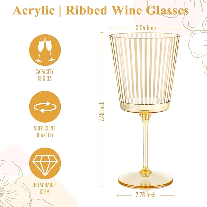 48 PCS Gold Ribbed Plastic Wine Glasses 13.5 OZ Ribbed Wine Glasses Detachable Wine Glass Elegant Fluted Glassware Vintage Style for Wedding Anniversary Birthday Dinner Parties