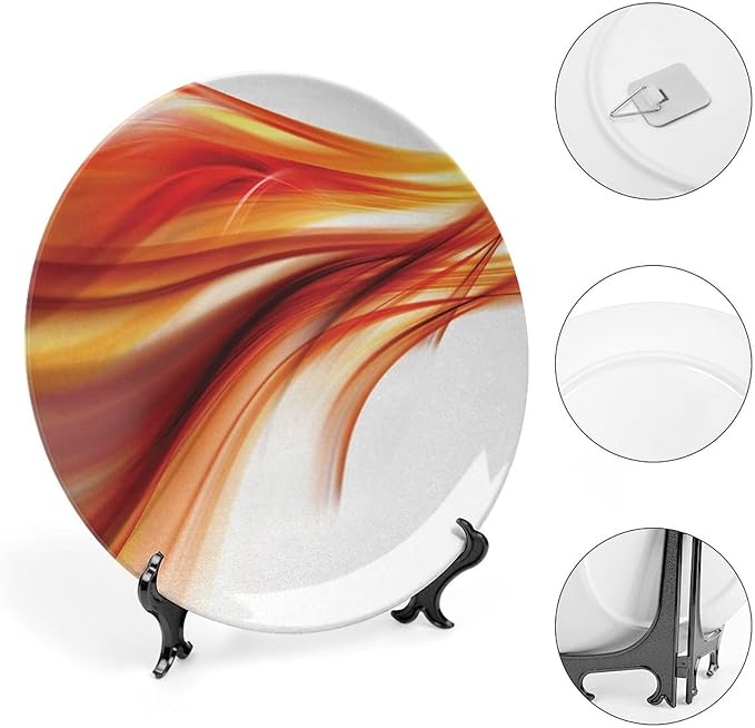 Decorative Plates, Abstract Print Ornament, Modern Smooth Lines Blurred Smock Art, 7 Inch, 1 Plate with 1 Display Stand, Orange Red