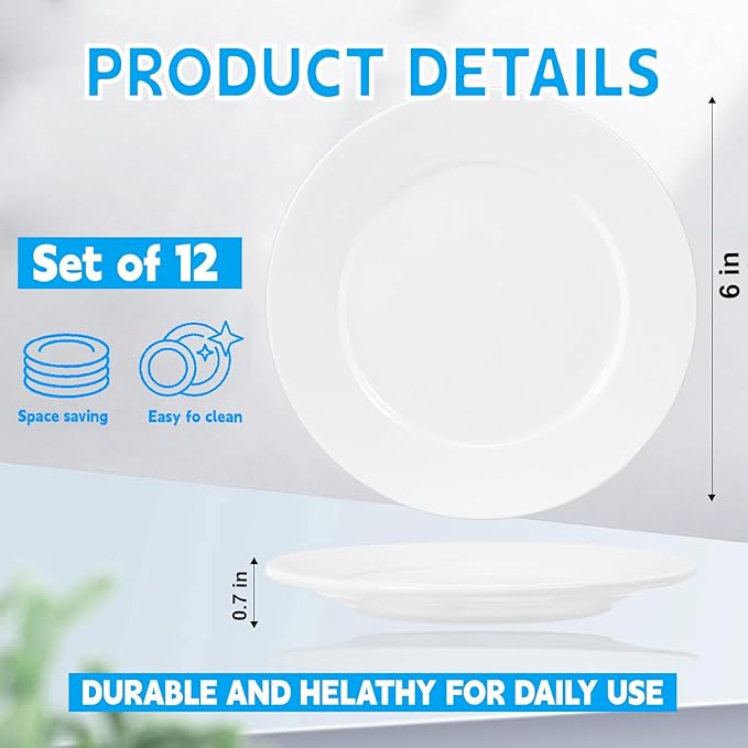 12 Pcs Porcelain Dessert Plates, 6 Inch White Appetizer Plates, Ceramic Salad Plate Set, Small White Plate for Appetizers Snack Cake Bread, Microwave Oven and Dishwasher Safe