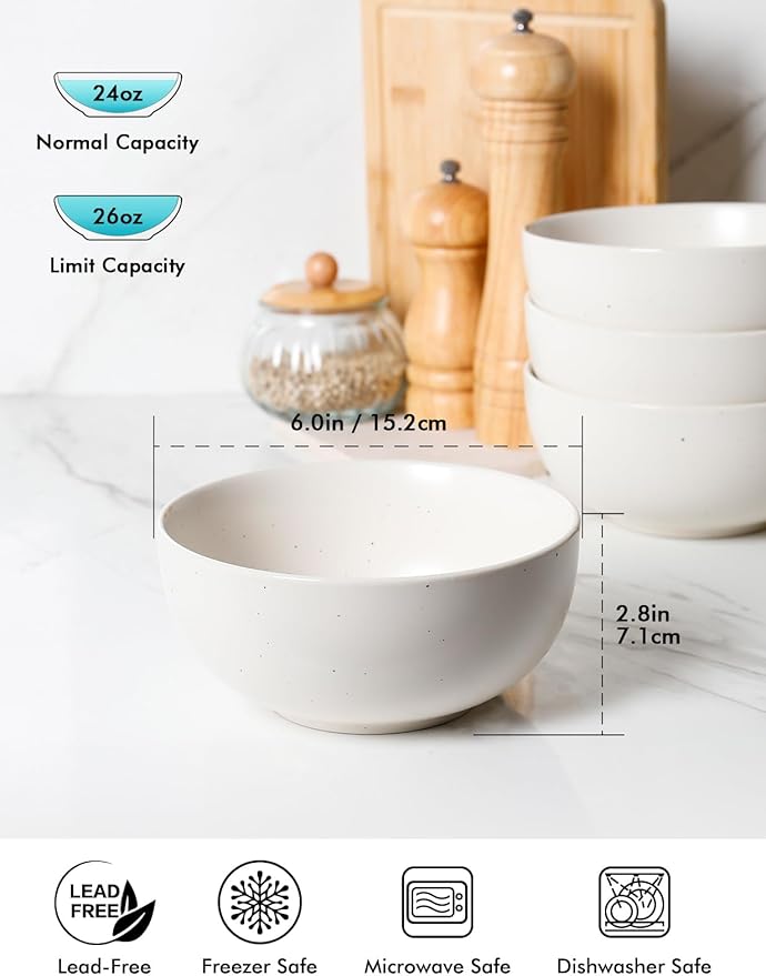 AISBUGUR Cereal Bowl, Ceramic Bowls Set of 4, 26oz Large Soup Bowls for Kitchen Dishwasher & Microwave Safe, Perfect for Cereal, Soup, Oatmeal, Salad, Pasta, Dessert, Rice, Matte White
