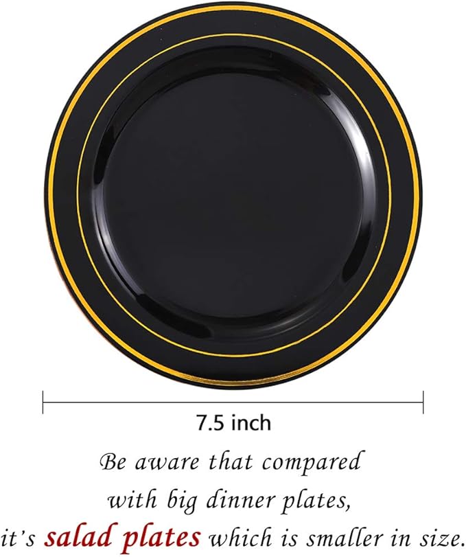 bUCLA 100 Pieces Black and Gold Plastic Dessert Plates - 7.5inch Disposable Salad/Appetizer Plates - Ideal for Party, Graduation & New Year