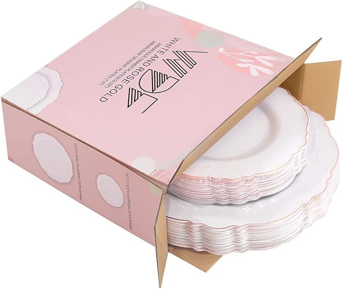 WDF 60pcs Rose Gold Plastic Plates-Baroque White &Rose Gold Disposable Plates including 30Plastic Dinner Plates 10.25inch, 30 Salad Plates 7.5inch for Wedding, Parties, Valentines Day