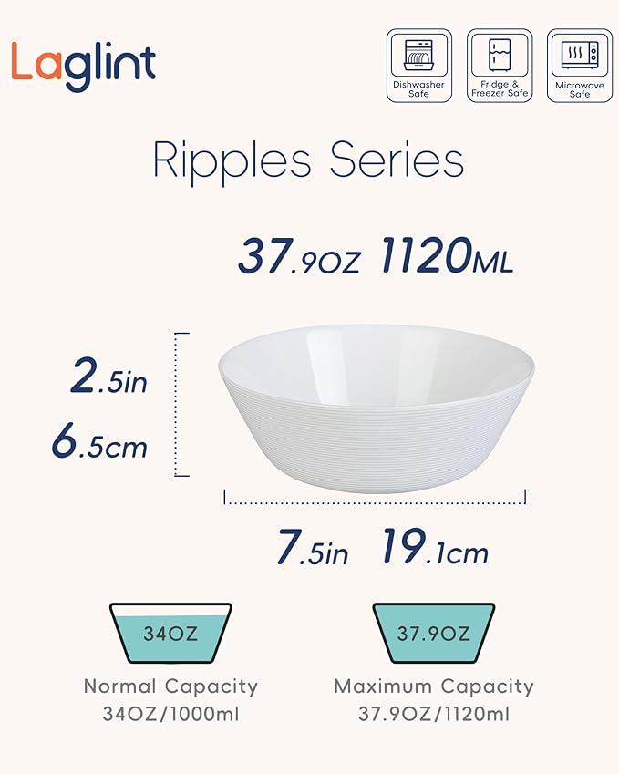 38 OZ Soup Bowl Set of 4, Opal Glass 7.5 inch White Bowls for Ramen, Noodle, Salad, Fruit, Pho, Dishwasher and Microwave Safe