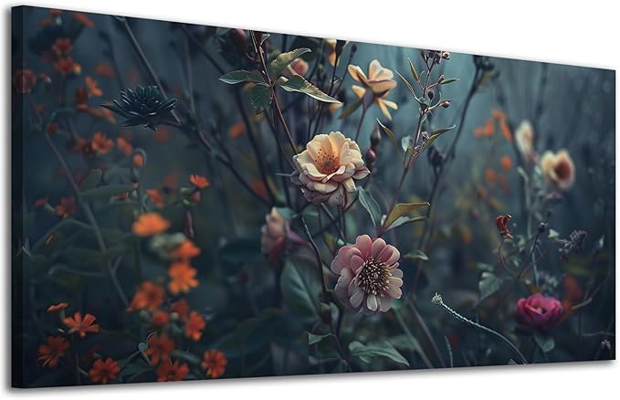 ADJUVANT Wall Art Impressionist Floral 48"L x 24"W, Dark Toned Blossoms With Lush Foliage Canvas Painting Enchanting Flowers Artwork Prints Floral Wall Decor for Living Room Bedroom Study Home Office