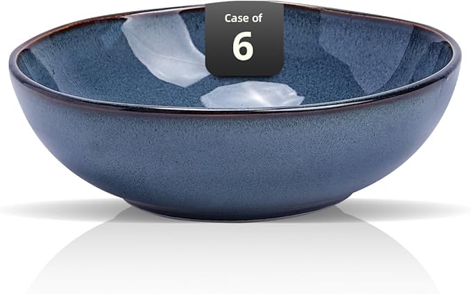 Organic Shape Highland Ceramic Soup/pasta Bowl, 6pcs Reactive Glaze 8inch Bowls with Wavy Edge, for Kitchen, Microwave & Dishwasher Safe, Scratch Resistant-Blue