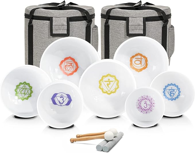 CVNC 432HZ 7-12 Inch Chakra Symbol Design Frosted Quartz Crystal Singing Bowl with 2 PCS Travel Carry Case Bag for Sound Healing
