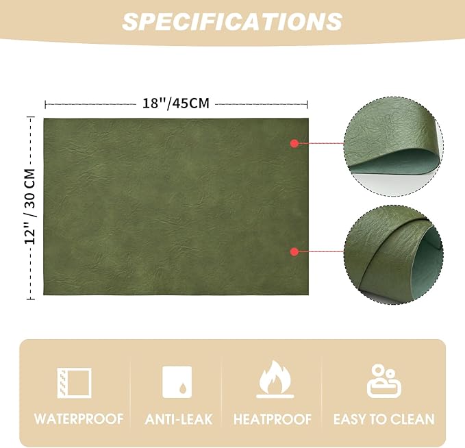 Artoid Mode Olive Green Faux Leather Placemats Set of 6, 12x18 Inch Waterproof Wipeable Heat Resistant Vinyl Place Mats, Reversible Table Mats for Kitchen Dining Decor