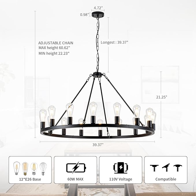 16-Light Black Wagon Wheel Chandelier, 40 inch Farmhouse Chandelier Dining Room, Round Rustic Chandeliers, Vintage Ceiling Hanging Pendant Light Fixture for Kitchen Island Living Room Bedroom Foyer