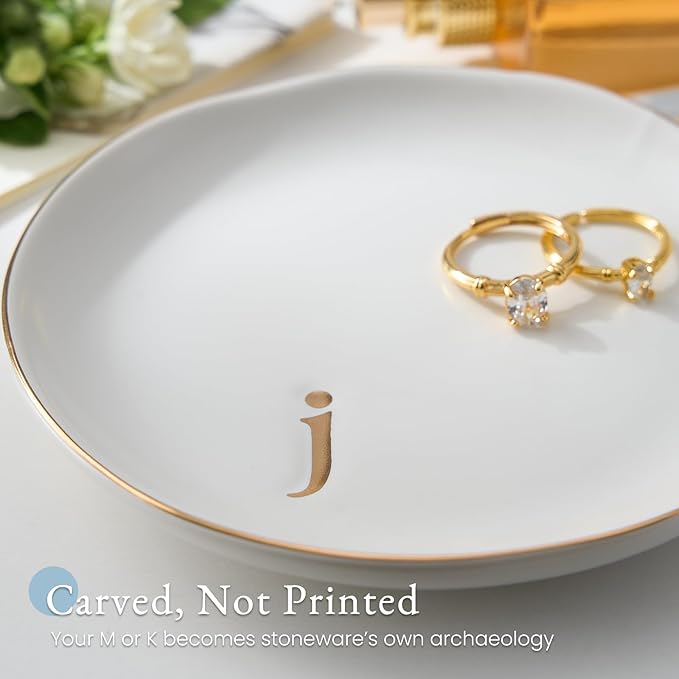 Lolalet Handmade Ceramic Ring Dish Jewelry Tray Plate with Initial, Small Monogram Gift for Her Women Girls Mother, Hostess, Engagement, Bridal Shower, Maid of Honor, Bridesmaid, Birthday, Christmas