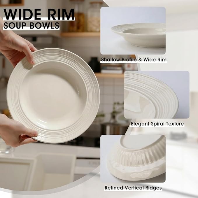 Wide Rim Soup Bowls, 11oz Small Capacity Rimmed Pasta Bowls Set of 4, 8 Inch Ceramic Salad Bowl, Shallow Plates, Elegant Dinner Cereal Serving - Microwave Dishwasher Oven Safe - Beige