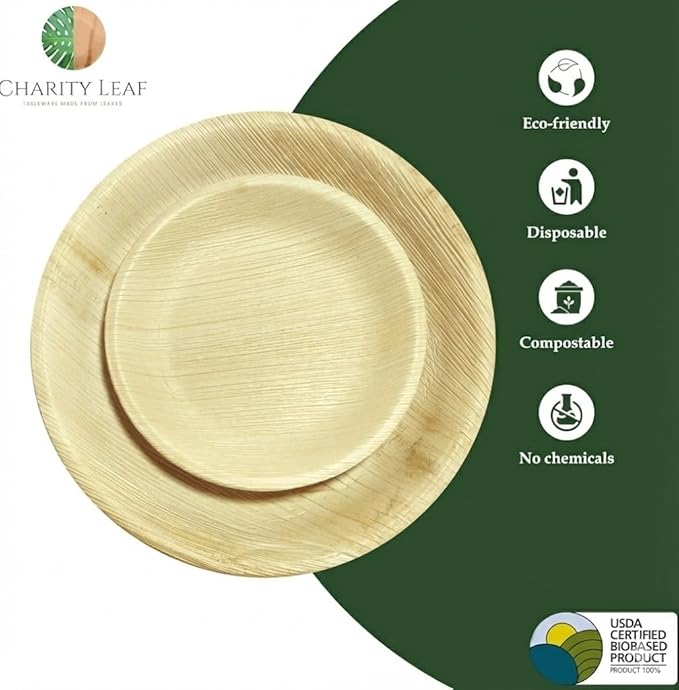 Charity Leaf 25-Pack 10" Round & 25-Pack 7" Round Compostable Palm Leaf Plates | Perfect for Parties, Weddings, and Catering Events