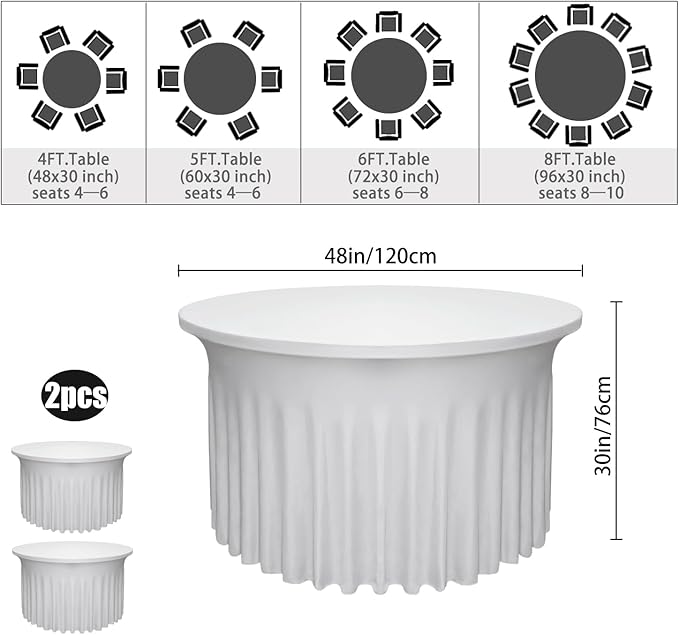 2 Pack 48" Diameter x 30" Height White Table Skirt | Fits 4FT Round Tables |Polyester Spandex Round Table Cloths with Skirt|Stain 、Wrinkle Resistant、 for Wedding,Party,Dining,Banquet