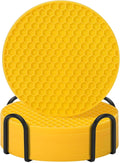 Coasters Set of 6 with Holder,Coasters for Drinks,Coffee Table Decor Coaster,Suitable for Kinds Cups,Anti-Slip,Non-Stick,Silicone Cup Coaster and Living Room Decor (6 Pcs, Yellow)