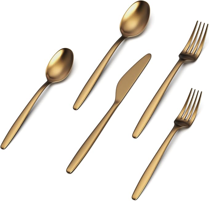 JazzUpCo Tia Flatware non toxic 18/10 stainless steel dishwasher safe (Matte Gold, 12 Person Set (60 Pieces))