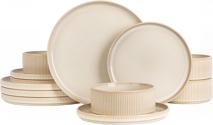 Stoneware Dinnerware Sets, Plates and Bowls Set for 4, 12-Piece Ribbed Dishes – Chip & Scratch Resistant, Microwave and Dishwasher Safe Tableware, Warm Off-White