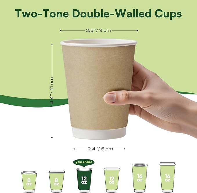 12 oz Hot Cups Compostable Coffee Cups -120 Pack Double Wall Paper Cups, BPI Certified PLA Coated Compostable Cups, Natural Kraft To-go Disposable Coffee Cups for Office Coffee Bar To Go Travel
