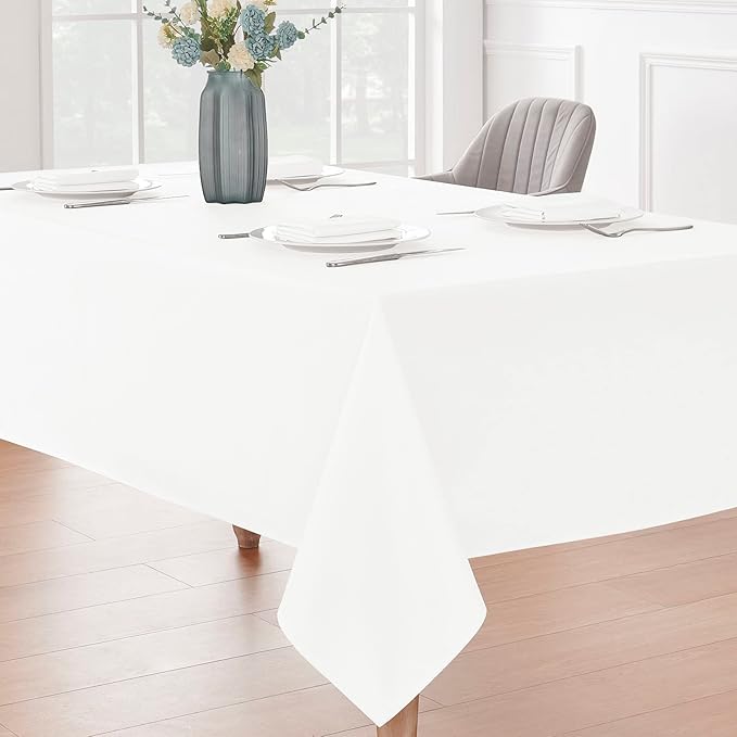 Rectangle 10 Feet Tablecloth 60x144 inch Linen Textured Table Cloth Stain and Wrinkle Resistant Washable Polyester, Decorative Table Cover Waterproof for Dining, Buffet and Camping, White