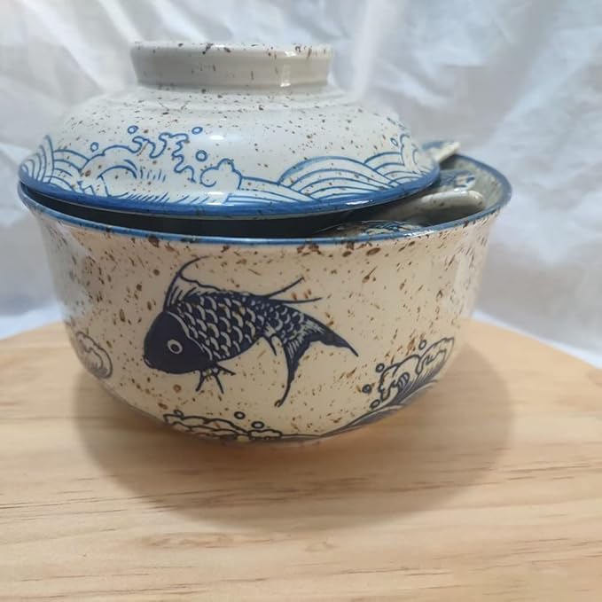 6.5 inch Retro Ceramic Ramen Bowl with Lid,Japanese Style Personalized Dinnerware For Noodle Rice Porridge Soup Fruit Sala (6.5inch, B)