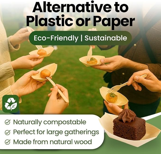 Dtocs Disposable Wooden Boat Plates 100 Pc – 80 mm Biodegradable Wood Serving Boats | Eco-Friendly Food Boats for Sushi, Desserts, Dips, Sauces | Alternate to Plastic, Bamboo, Paper Plates