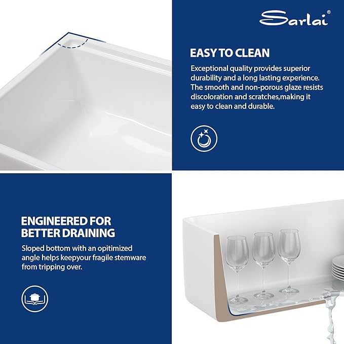 Sarlai 33 White Farmhouse Kitchen Sink - 33x20 Inch Undermount Kitchen Sink Workstation Apron Front Ceramic Fireclay Single Bowl Farmer Sinks Basin With Gold Accessories