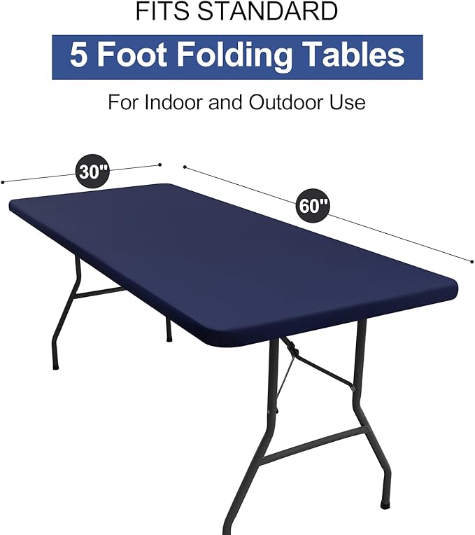 homing 2 Pack Rectangle Table Cloth, Elastic Fitted Fabric Tablecloth Fits for 5 Foot Folding Tables, Washable Table Cover for Picnic, Camping, Indoor & Outdoor (Navy Blue, 30" x 60")