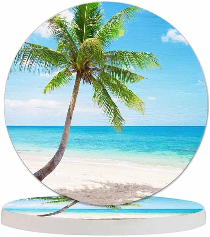 Beautiful Beach Table Coasters for Drinks Palm Tree Summer Paradise Tropical Island Scenery 100% Diatomite Home and Dining Room Bar Decor 4 X 4 X 0.35 Inch for Men Women