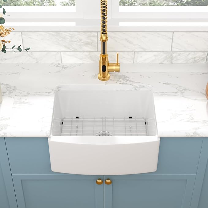 Sarlai 24 White Farmhouse Sink - 24 Inch Small Farmhouse Sink White Apron Front Ceramic Porcelain Fireclay Single Bowl Farm Kitchen Sink Laundry Room Sinks
