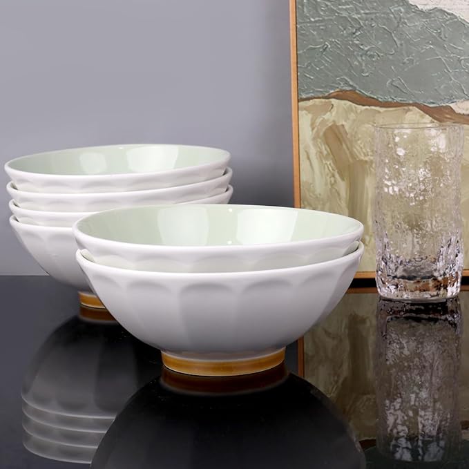 Set of 6 Large Pasta Bowls 29 oz, Green Porcelain 7 inch, Microwave Oven Dishwasher Safe Scratch Resistant