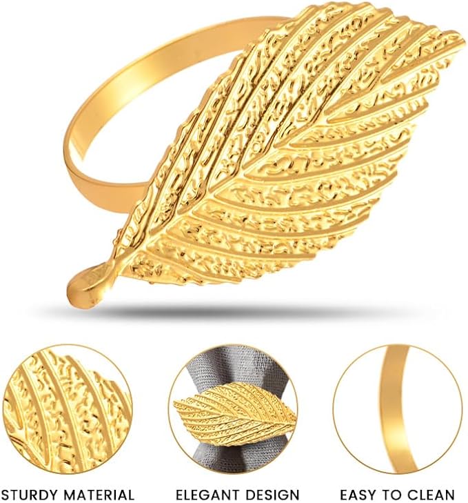 Decozen Set of 16 Gold Napkin Rings in Leaf Design, Festive, Table Decor Setting for Holiday, Wedding, Birthday, Kitchen, Home Decor, Housewarming Gift - Mothers Day Decorations