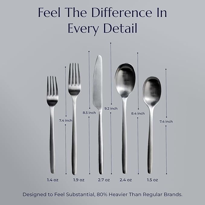 JazzUpCo Ava Flatware Flatware non toxic 18/10 stainless steel dishwasher safe (Matte Silver, 8 Person Set (40 Pieces))