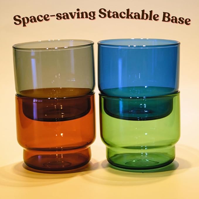 Retro Colored Double Old-Fashioned Glasses Set 10oz Stackable Drinking Glasses for Cocktails Mixology Espresso Cups Party Hosting Modern Barware Gift Dishwasher Safe