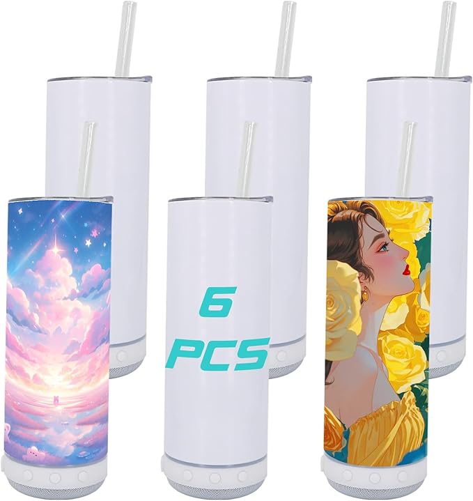 6pack 20oz cups Bluetooth Tumbler with Straw and Lid, Double-Wall Stainless Steel Vacuum Insulation Sublimation Tumbler Blank, RemovableRechargeable Bluetooth Wireless Speaker (white)