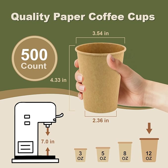 12 oz 500 Pack Disposable Coffee Cups, Bulk Brown Disposable Paper Cups, Coffee Cups for Hot Tea, Chocolate and Cold Drinks