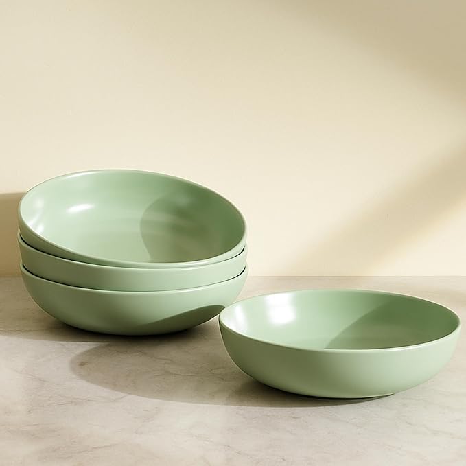 Ceramic Pasta Bowls Set of 4 – 40oz Extra Large Dinner Bowls, Deep Plates Salad Bowl for Eating, Pasta Plates, Stoneware Shallow Bowl Plate Set, Dishwasher & Microwave Safe - Green