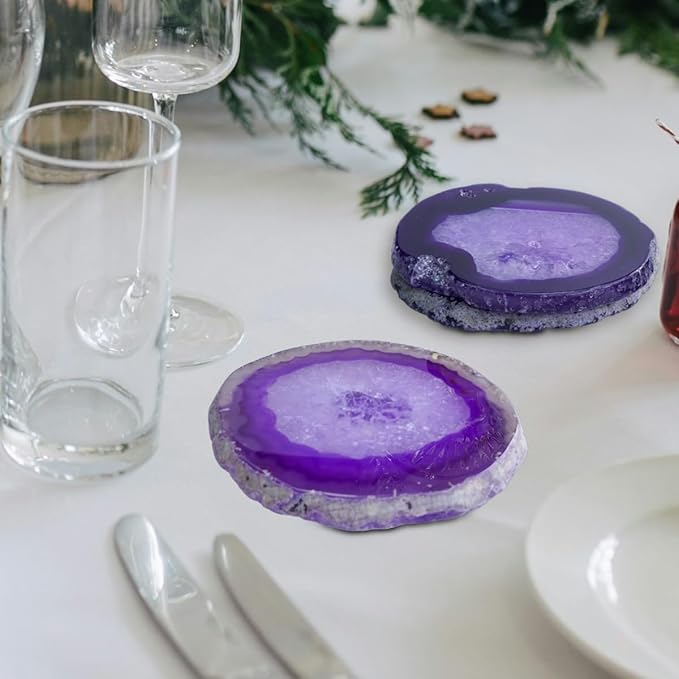Purple Agate Slices Bulk Geode Coasters Set of 4 with Rubber Bumpers - Unique 3-4 Inch Dyed Stone Drink Cup Crystal Coasters for Home Decor, Coffee Table, Bar Accessories