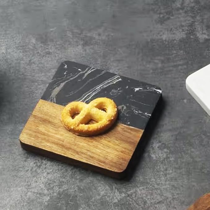 I-LAN 4 Pack Acacia Wood and Black Marble Style Coasters, 4x4 Inch Square Modern Drink Coasters Set, Decorative Mixed Material Coasters for Coffee Table, Bar, and Housewarming Gift
