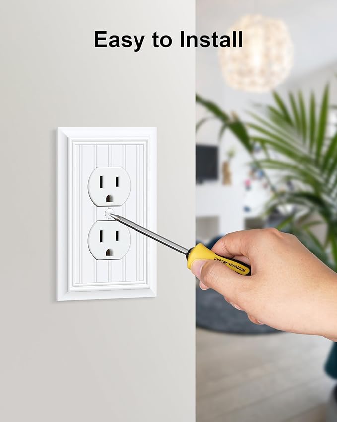 2-Pack Classic Beadboard Duplex Outlet Cover Plate, Decorative Pure White Switch Plates and Outlet Covers, Natural Bamboo Fiber Wall Plates for Electrical Outlets, 1 Gang Receptacle Cover